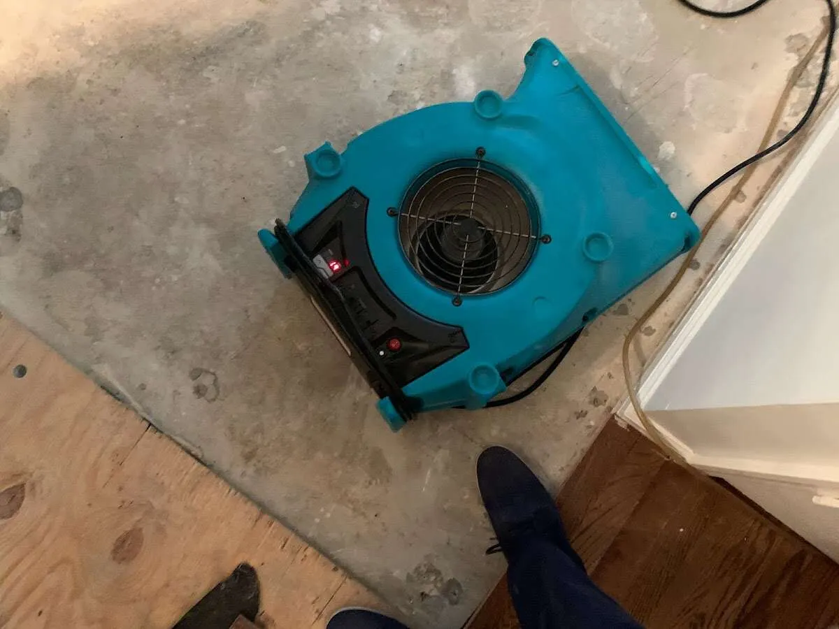 Air mover drying subfloor during Commercial Water Damage Restoration in Eaton